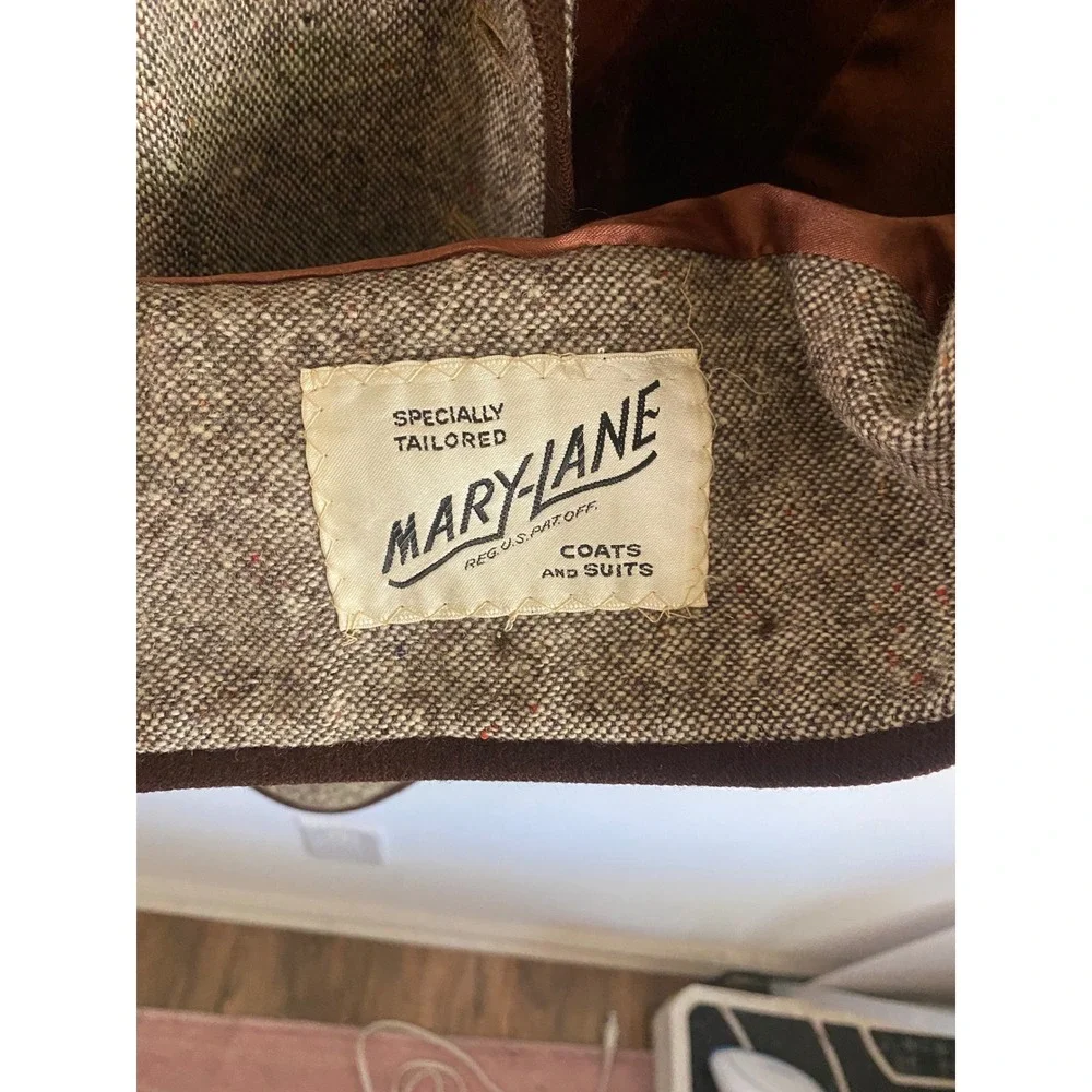 Vintage Mary-Lane Brown Wool Tweed Blazer Jacket‎ Contrast Piping Speckled Tan
